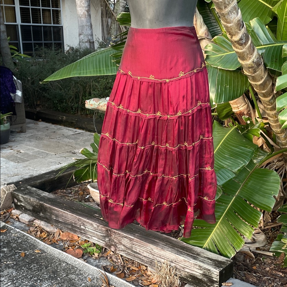 Drop  waist silk Merlot and gold embroidered